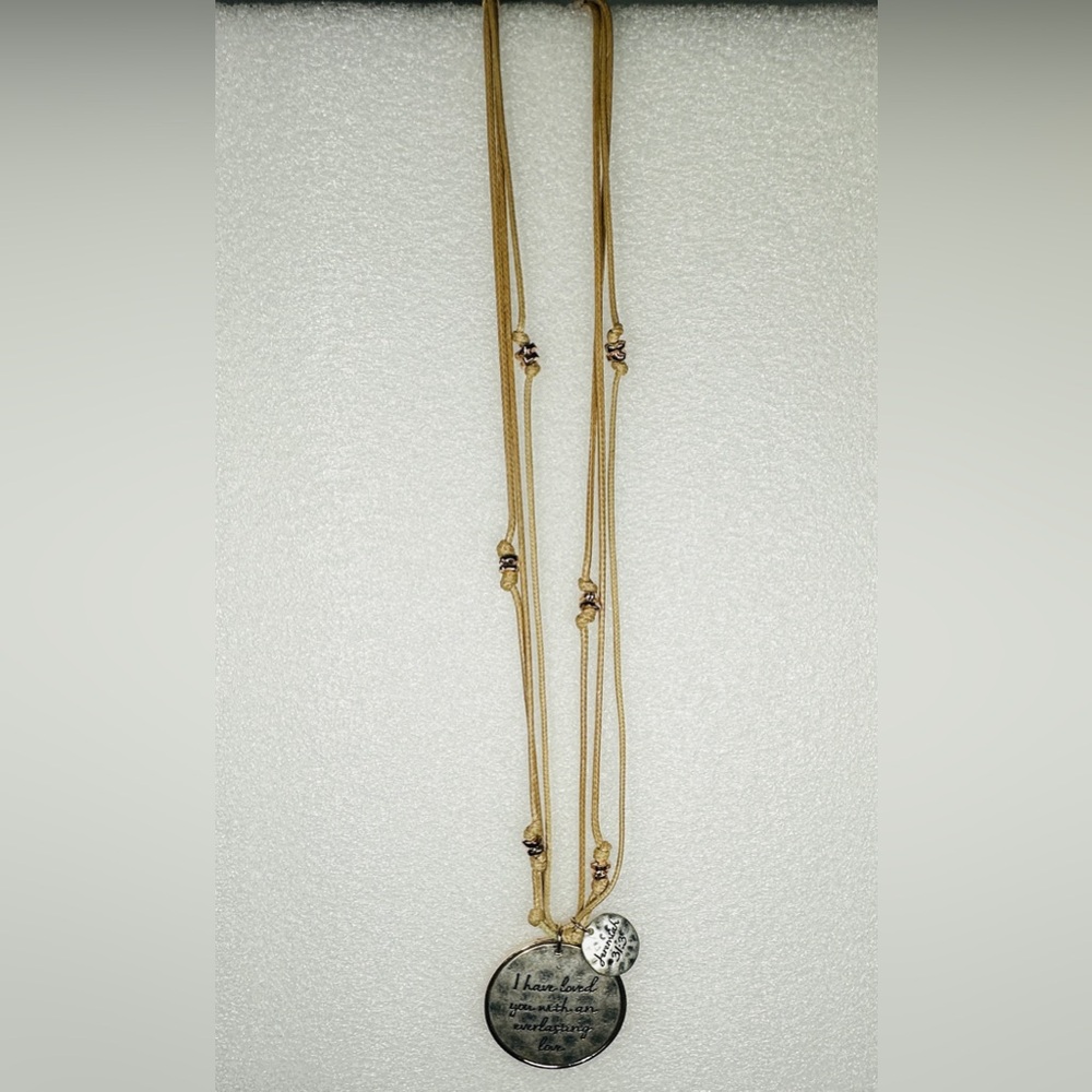 C1946 Silver-Toned Inspirational Pendant Necklace On Tan Cording Jeremiah 31:3 - Picture 2 of 6